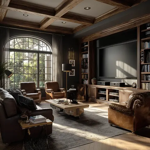 Cozy living room with leather sofas, large TV, bookshelves, and a sunlit window