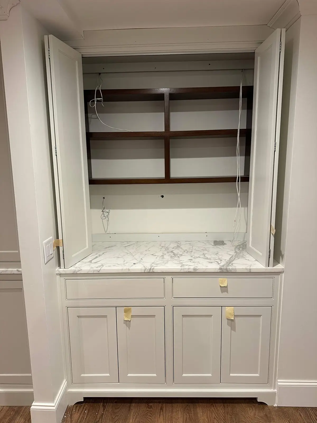White built-in media cabinet