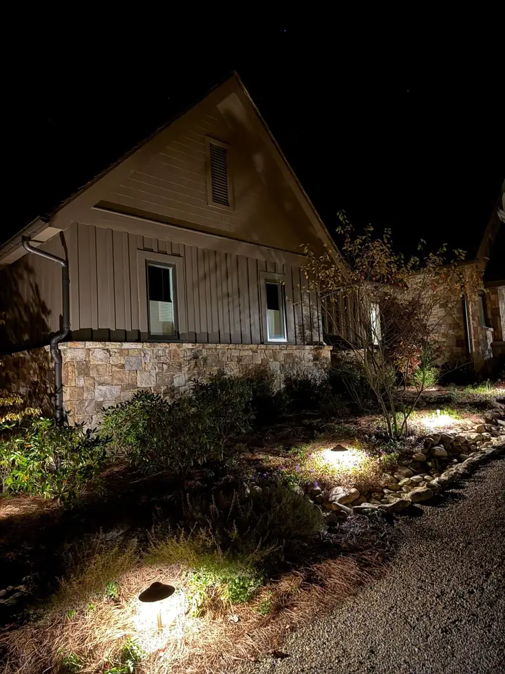 Uplit gable and stonework on a mountain home