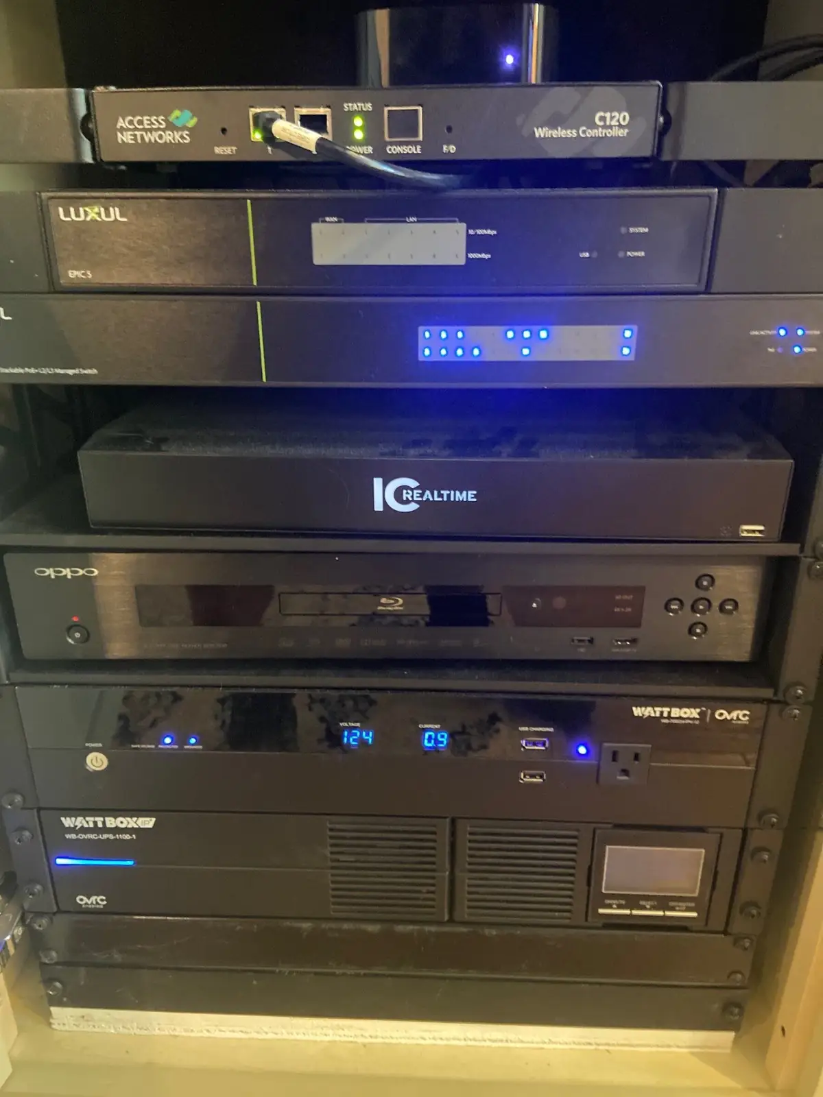 Organized AV rack with amplifiers and network gear