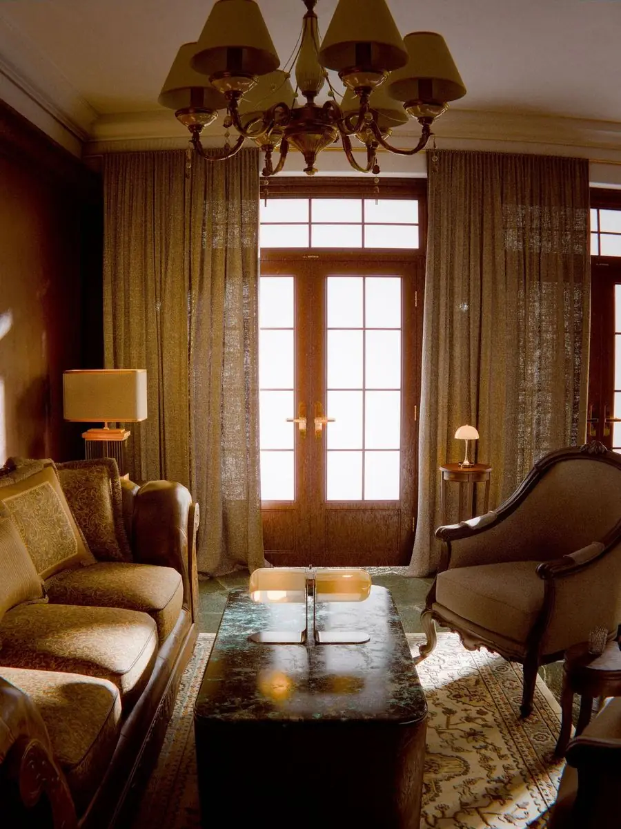 Living room with warm lighting and window treatments