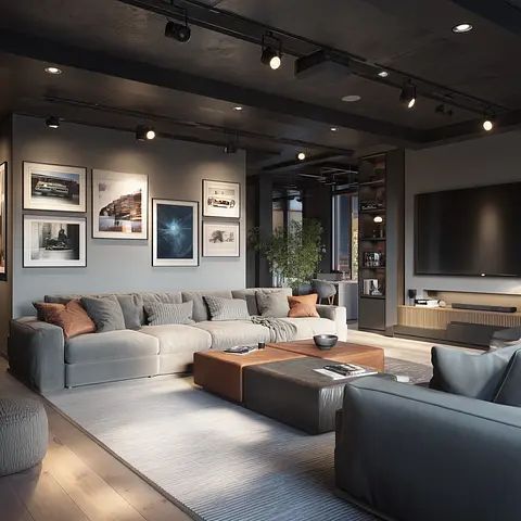 Modern living room with gray sofas, wall art, a large TV, and a wooden coffee table. Track lighting overhead.
